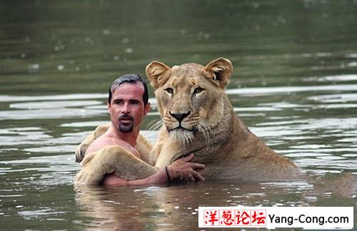 竟有人与母狮一同在河中洗澡(组图)