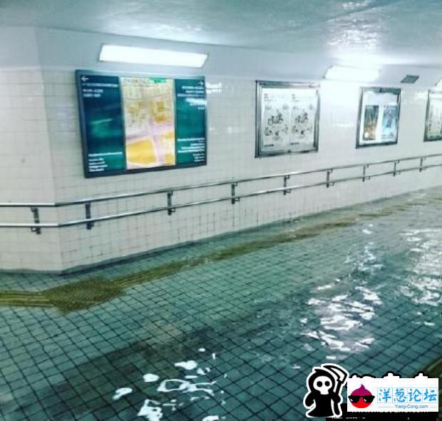 台风使积水倒灌 日本地下通道变游泳池(1)