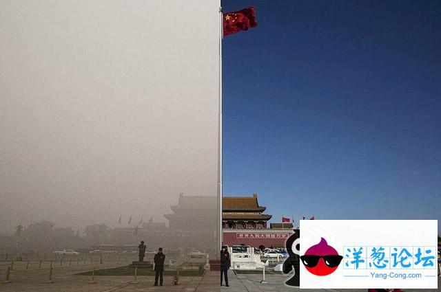 北京首次启动了红色预警，同时英国卫报也发布了一组北京雾霾天和晴天的对比图，你们来感受一下。