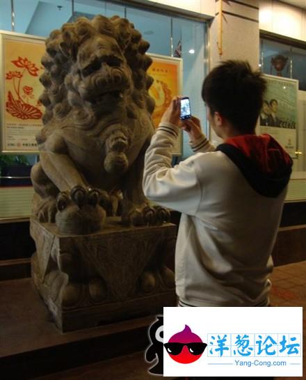 给这狮子雕像拍个照